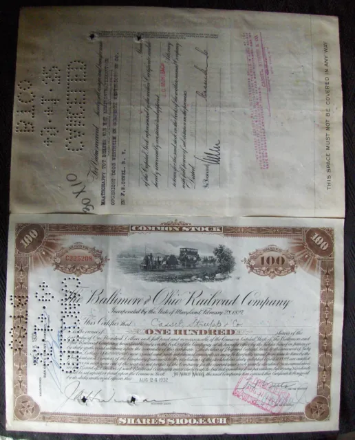 Stock certificate Baltimore & Ohio Railroad Comp. Payee CASSEL, STRUPP & Co 1932