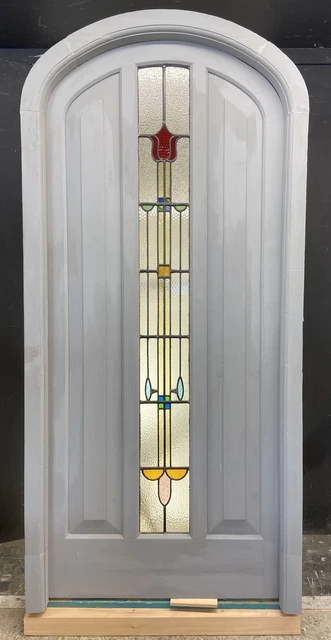 1 Stained Glass Front Door Wooden Reclaimed Old Antique Lead Arched Wood Frame