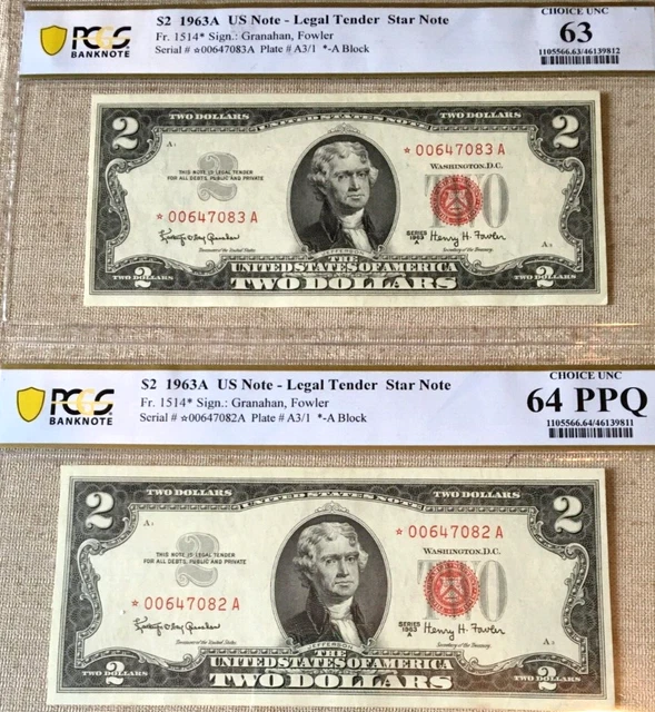 (2) 1963A LEGAL TENDER Cons S/N STAR* NOTES, (1) PCGS63, (1) PCGS64 PPQ     9294