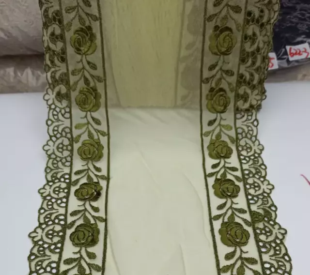 3 Yards 8.5" Wide Mesh Tulle Green Lace /Embroidered Green Flower On Edge eh0206