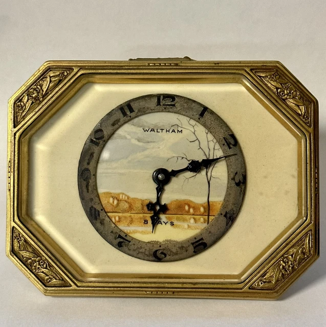 Waltham Brass 8 Day Hand Painted Desk Clock Made in Germany Circa 1900's