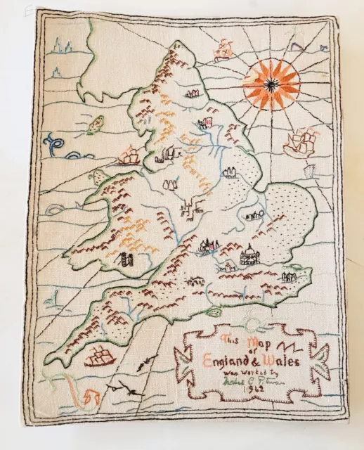 Charming 1942 Hand-Stitched Map of England & Wales - Vintage Signed & Dated