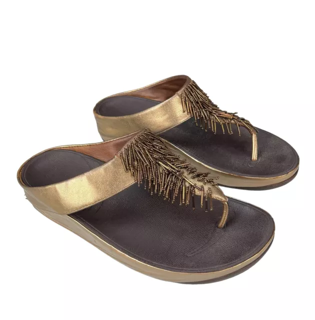 FitFlop Cha Cha Leather Beads Womens Thong  Flip Flops Wedge Sandals Size 11