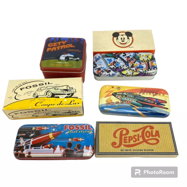 Lot 6 Fossil , Pepsi & Disney Watch Tins Boxes Foam Inserts Manuals/Paperwork