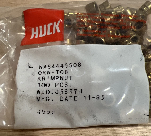 NEW Huck NAS4445S08 Krimpnut, Pin-rivet Collar (Qty 100) NEW Huck NAS4445S08 Krimpnut, Pin-rivet Collar (Qty 100)