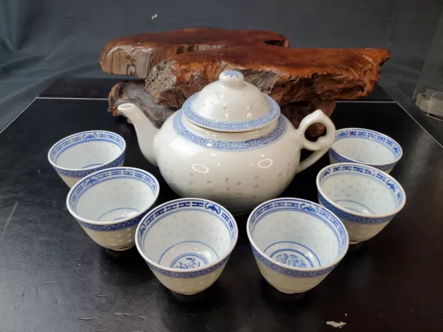 Vtg Chinese TeaPot Set W/6 Tea Cups,Rice Grain Pattern Blue &White Porcelain