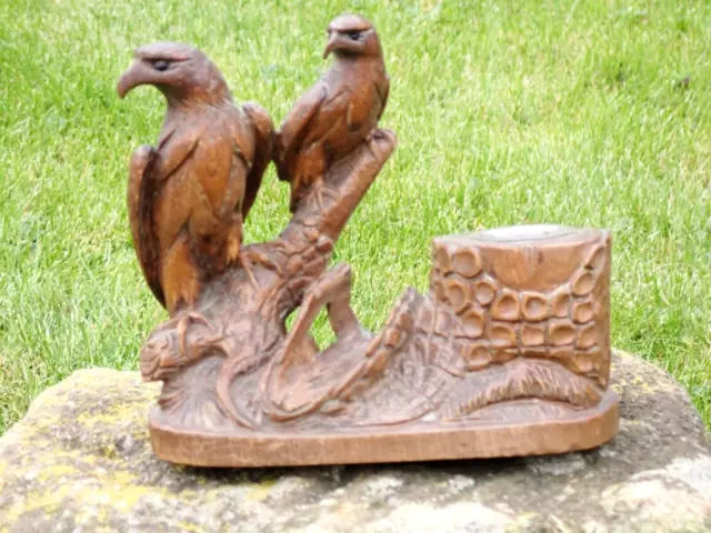 Antique Black Forest Inkwell & Log Pen Holder Fine Eagle Pair Carving