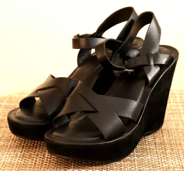 Kork Ease Women's Wedge Sandals Size EU 42 US 10 Leather Black