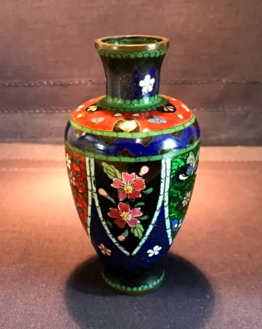 19th C Antique Japanese Cloisonne Vase Enamel Bronze 5 1/4" Tall Deep Blue & Red