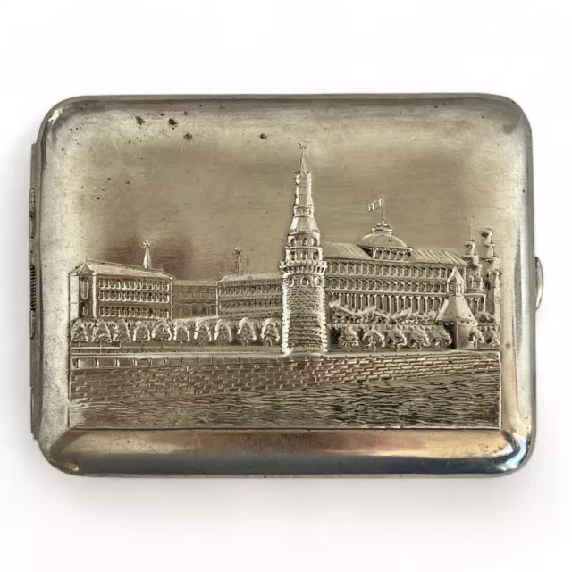 Vintage Soviet Russian Cigarette Case Holder KREMLIN Moscow Silver Toned USSR