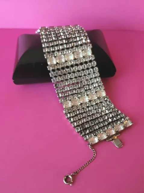 Vintage Wide Clear Rhinestone 10 Row Unsigned Sparkly Bracelet As Is