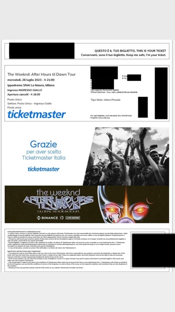 biglietto TicketMaster concerto THE WEEKND posto unico 26 LUGLIO 2023 a MILANO