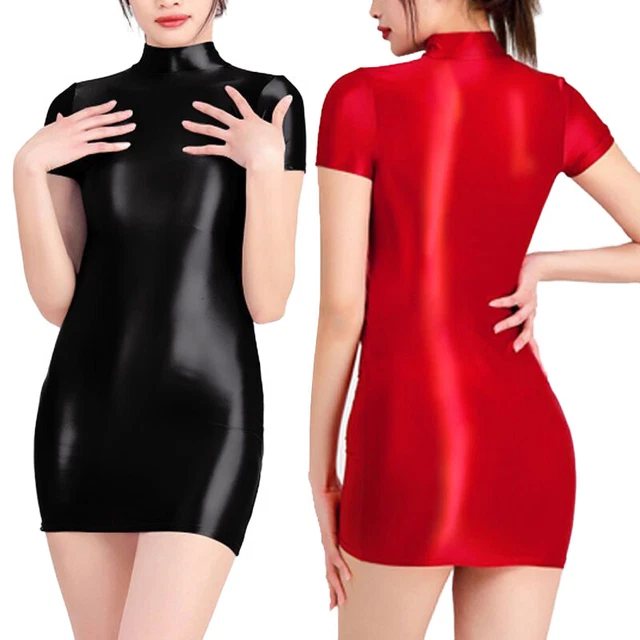 Abito da cocktail a maniche corte da donna lucido clubwear stretch raso enfatizzato figura
