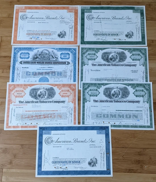 Lot of 7 Vtg TOBACCO STOCK CERTIFICATES Signed 1945 1960's 1970's