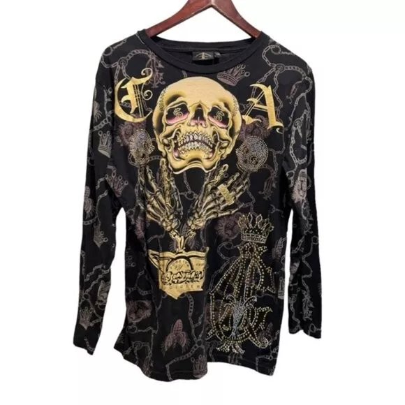 Christian Audigier Skull Money Black Diamond Bling Los Angeles Long Sleeve Shirt