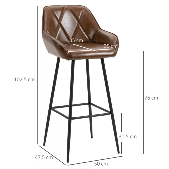HOMCOM Bar Stools Set of 2 Retro Bar Chairs W/ Backs Footrests Steel Legs Brown 3