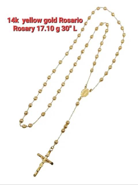 Italian 14k Yellow Gold Diamond-Cut Beaded Rosary Necklace 5mm 39" 17.10 grams