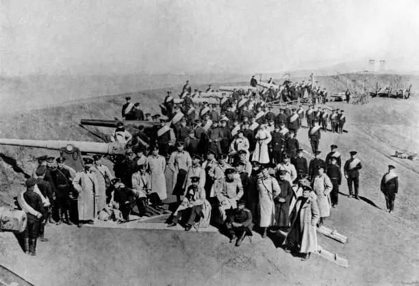 Russian soldiers defending naval base posing group portrait beside- Old Photo