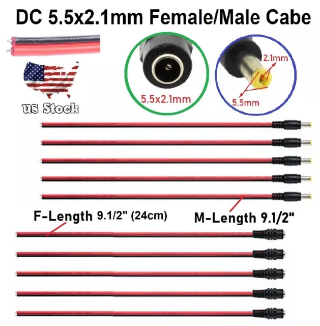 x10 DC Power Pigtail Cable,18AWG Female/Male Connector Plug,12V 5A Barrel Jack