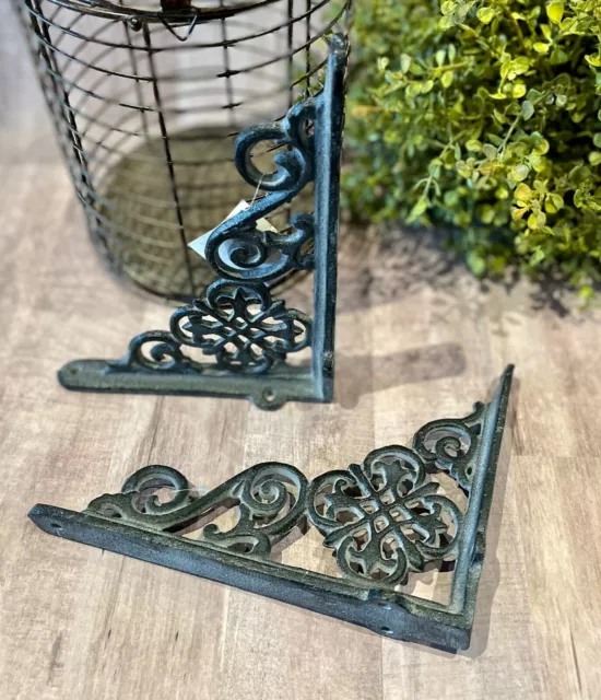 Pair Cast iron Shelf Brackets Support European Scroll Wall Brace VTG Gray Corbel