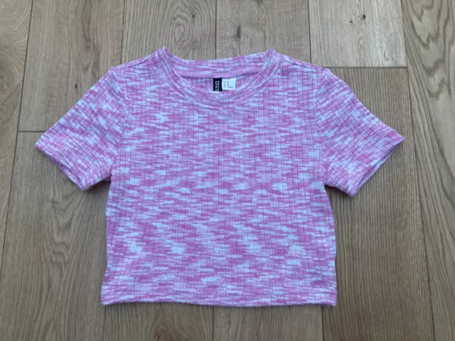 Divided by H&M Girls Pink Marl Knitted Short Sleeved Cropped Top XS VGUC