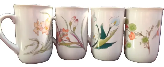 Set 4 Natures Gold Korea Coffee Tea Cups Mugs Calla Lilly English Rose  8 Oz Vtg