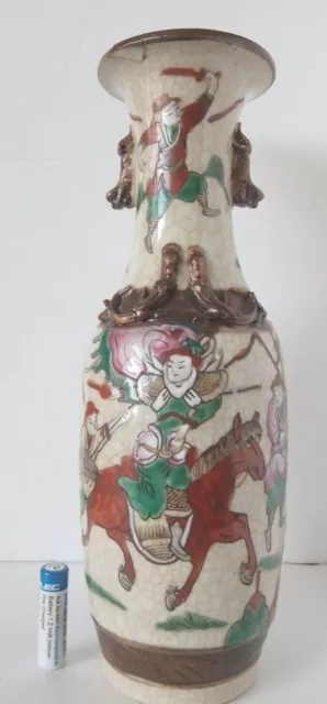 c1900 Chinese Crackle Glazed Porcelain Vase 29cm Warriors 6 Raised Neck Dragons