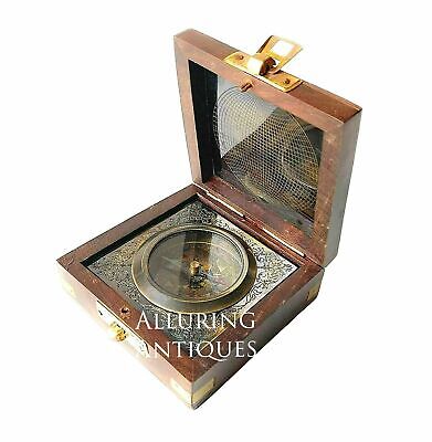 Antique Designer Brass Wooden Box Compass Maritime Navy Marine Ship Desk Compass
