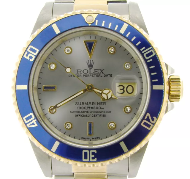 Rolex Submariner 16613 2tone 18k Yellow Gold Steel Watch FACTORY Serti Diamond