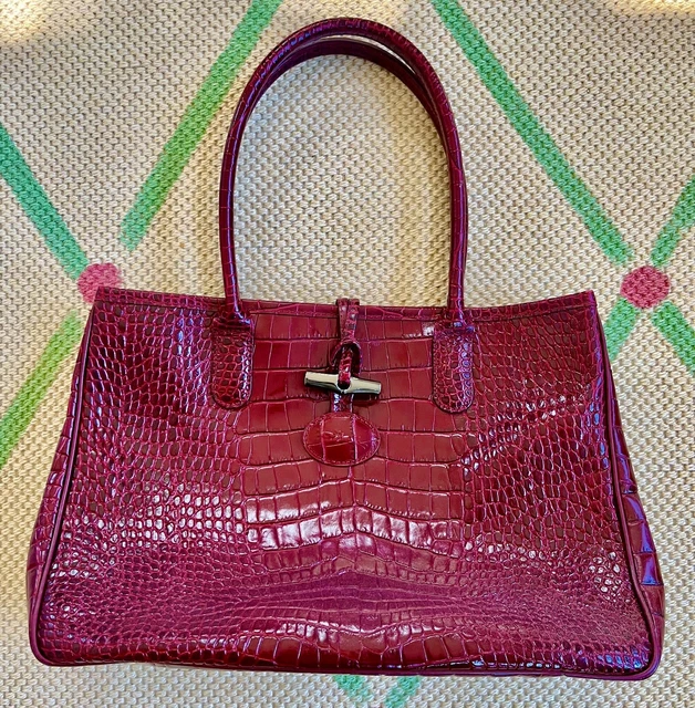 Longchamp Wine/ Burgundy Croc Roseau Embossed Leather Tote Shoulder Bag Purse