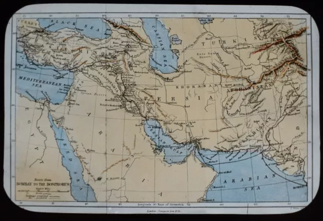 ANTIQUE Magic Lantern Slide MAP OF ROUTES BOMBAY TO THE BOSPORUS C1890 DRAWING