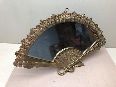 Vintage Cast Brass Tone Metal Ornate Fan Mirror Vanity Dresser Art Nouveau Deco