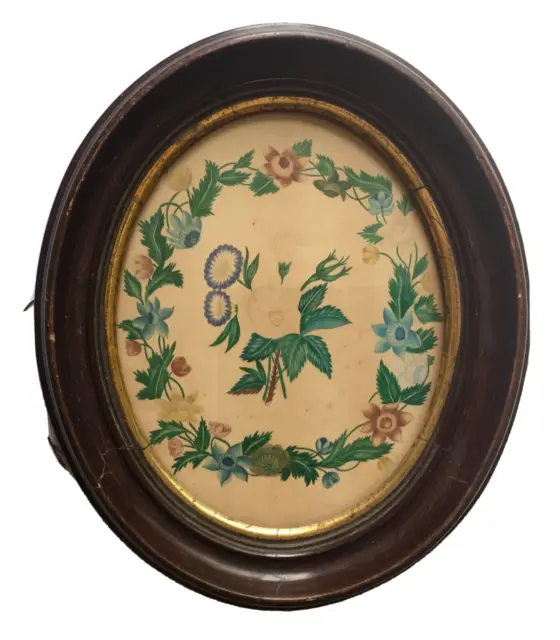 18th/19th Century Original Floral Flower Vine Theorem Painting Walnut Oval Frame