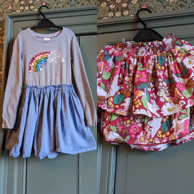 Pacchetto gonna abito ragazza Next & Boden paillettes floreale coniglio arcobaleno 6 anni