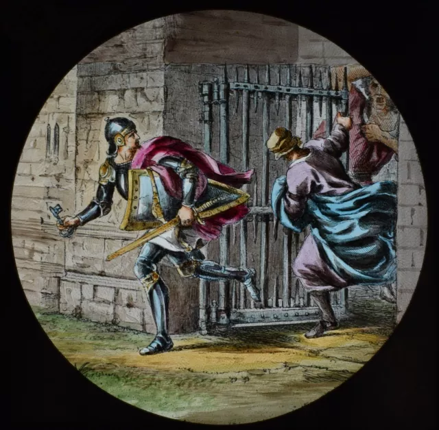 ANTIQUE Magic Lantern Slide PILGRIMS PROGRESS NO79 C1890 DRAWING KNIGHT WITH KEY
