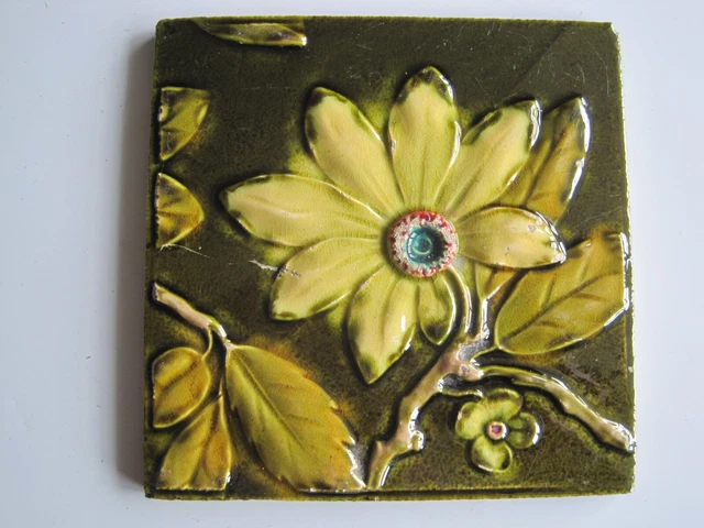 Antique 6" Relief Moulded And Majolica Glazed Yellow Flower Tile / Plaque