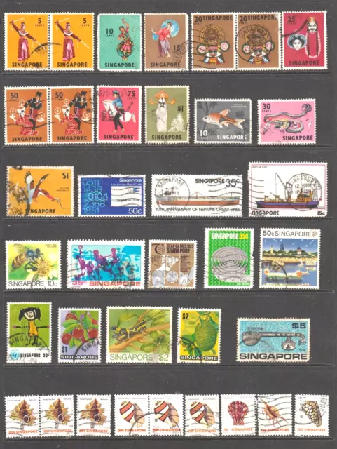 World stamps - SINGAPORE Stamp mix - BULK, 2 scans = 55 stamps fine used.