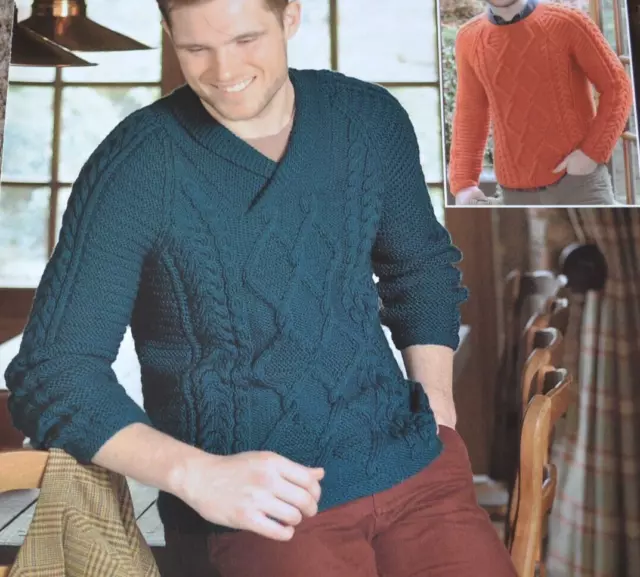 (257) Knitting Pattern - Men's Aran Shawl Collar & Crew Neck Sweater  38" - 48"