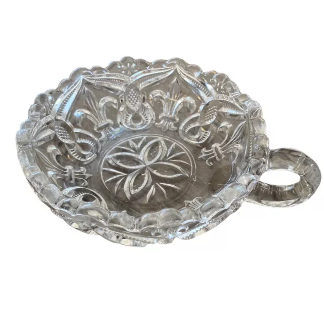 EAPG Clear Glass Nappy Dish Bowl with Handle Bryce Higbee Arched Fleur De Lis 2