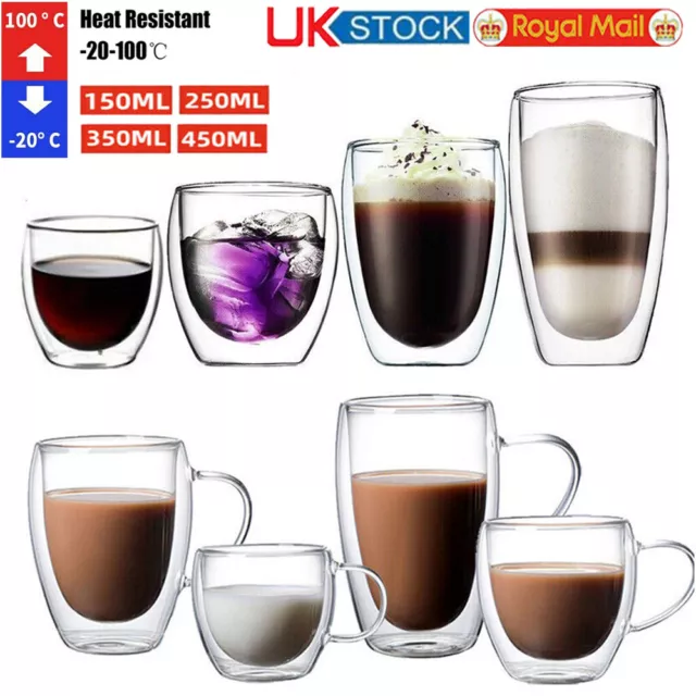2 Set of 350 ml Double Wall Glass Coffee Mug With 2 Coasters, Insulated Glasses With Handle, Heat Resistant Thermal Coffee Cups