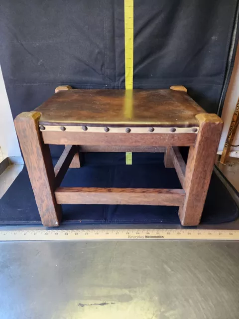 Antique Mission Style Wood And Leather Top Foot Stool