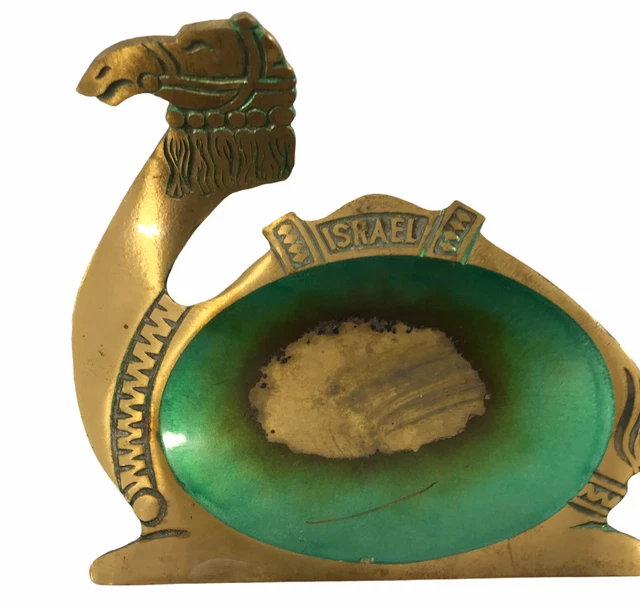 MCM CAMEL Brass Metal Ashtray Enamel Green Trinket Dish Made In Hakuli Israel