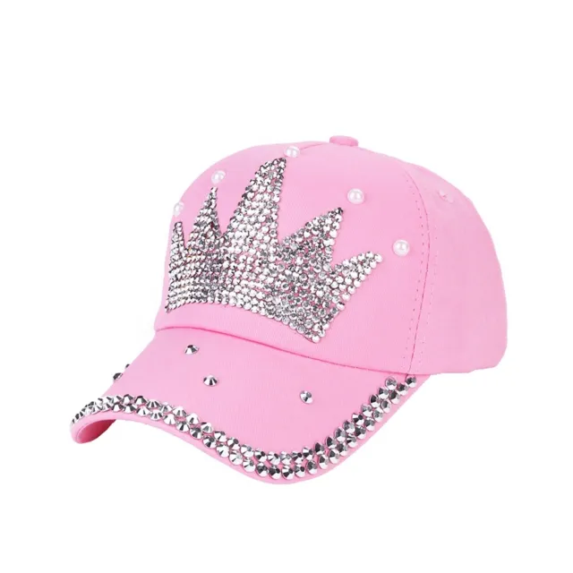 Rhinestones Faux Pearl Crown Girls Baseball Caps Peaked Snapback Hat Pink ZZ1