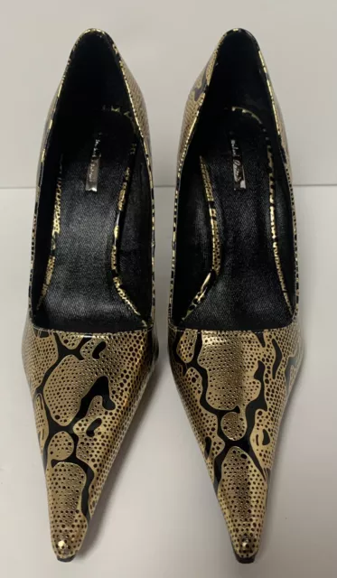 Michael Antonio Stiletto Heels Closed Toe Black & Gold Animal Print Womens 7.5