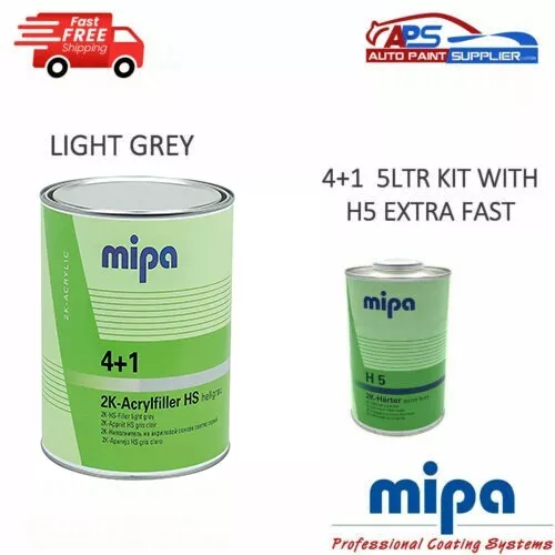 Mipa 4 + 1 Acry Filler 2K Primer High Build Light Grey 4Ltr + H5 1Ltr 5Ltr Kit