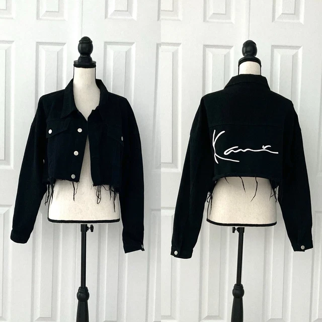 KARL KANI X PLT Black Denim Jacket Cropped Raw Hem Women s Size 12 22.28 PicClick UK