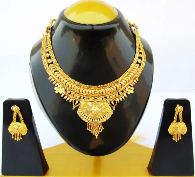 Indian Fashion Jewelry Gold Plated Bollywood Wedding Necklace Earrings Women Set