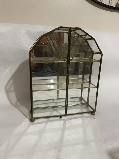 Brass & Glass Mini Curio Cabinet  Jewelry Trinket 3 Panel Display Vintage