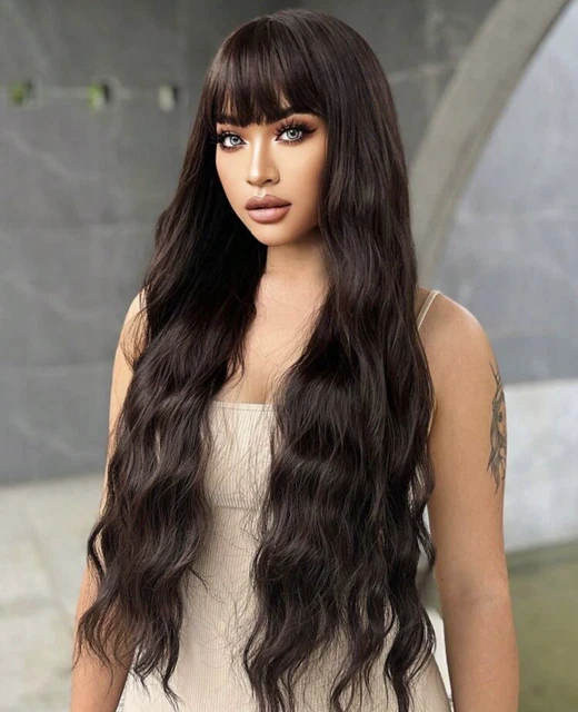 Perruque Longue Synthétique Lisse Brun Marron - Avec Frange - Bonnet Taille M + 4 Offerts