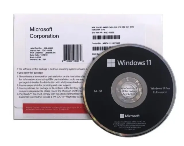 Nuevo DVD genuino Microsoft Windows 11 Pro 64 BITS nueva instalación y clave de producto